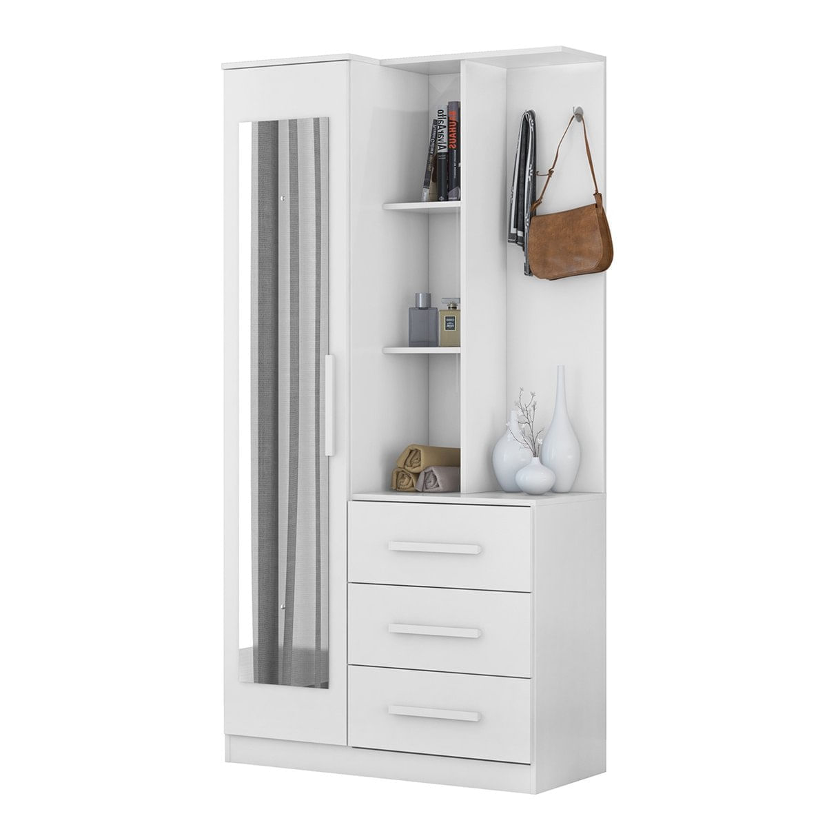 Cômoda Multiuso Brisa 1 Porta 3 Gavetas com Espelho Demobile Branco