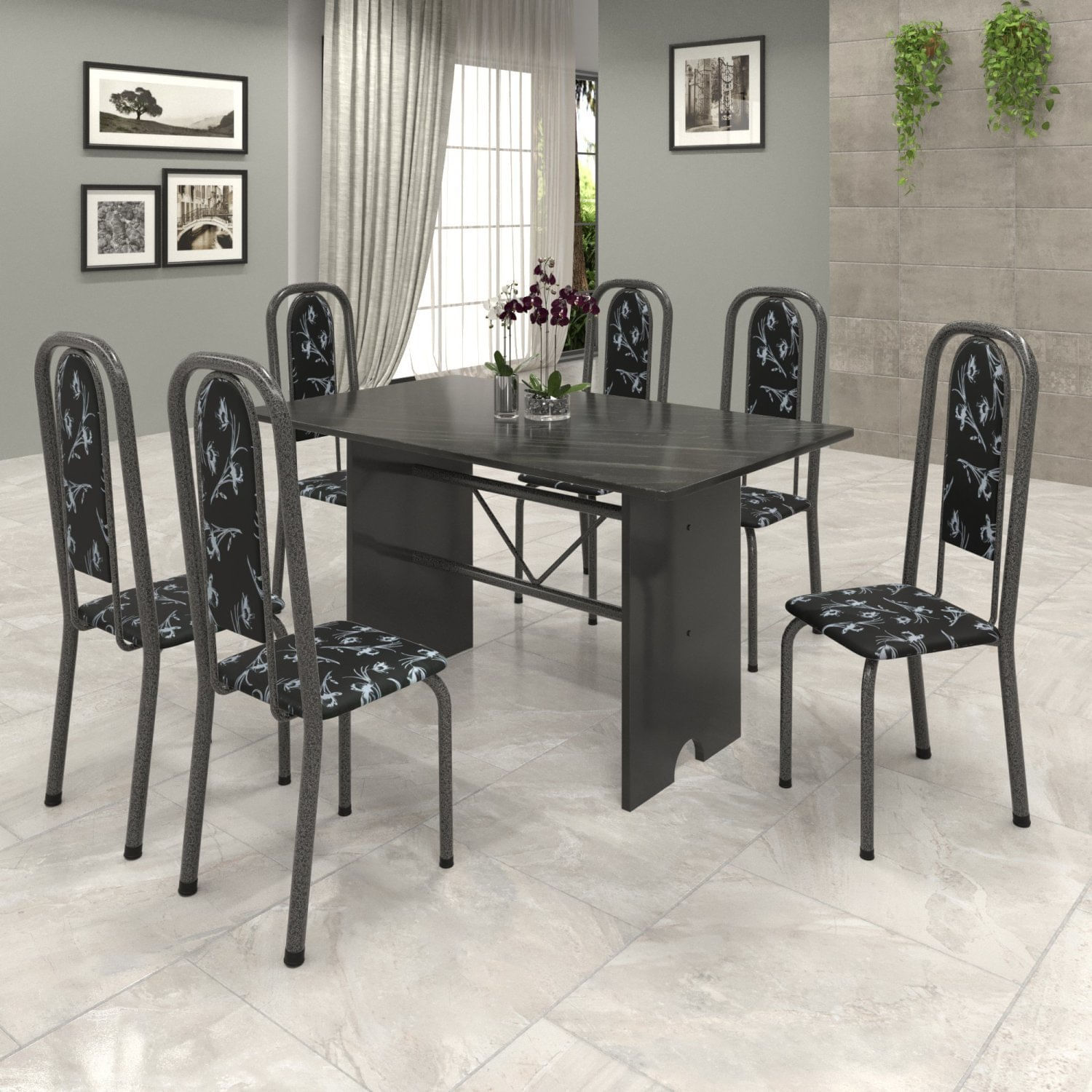 Conjunto De Mesa 140x75cm Tampo Ardósia Com 6 Cadeiras Lavínea  Martelado Prata/preto Floral