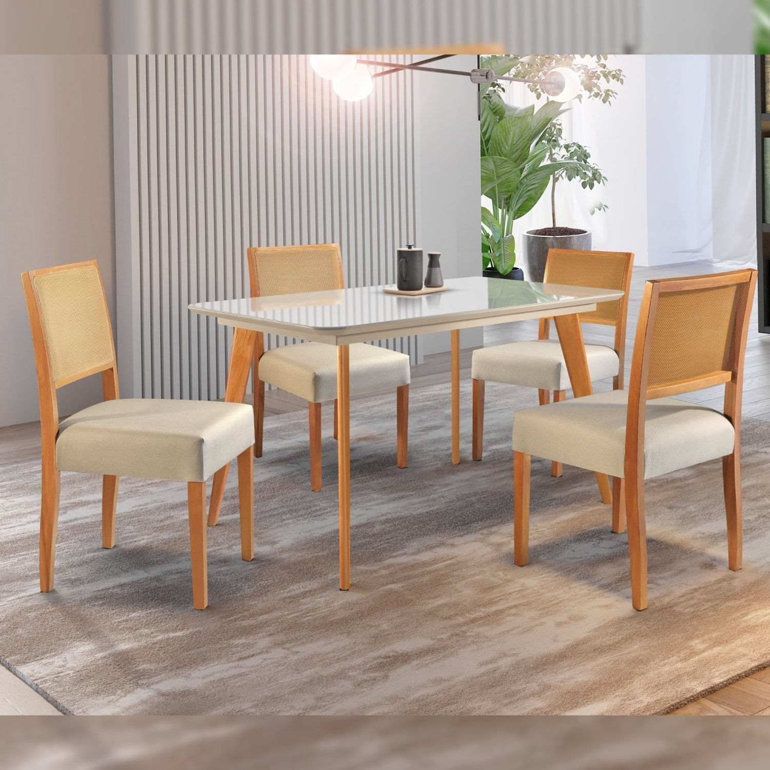 Conjunto Sala De Jantar Mesa Versales 120cm Com 4 Cadeiras Versales estrutura Em Madeira Maciça E Tampo Mdf/vidro Cinamomo/off White/tela