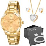 Relogio Feminino Dourado Aço Inox + Brincos + Caixa