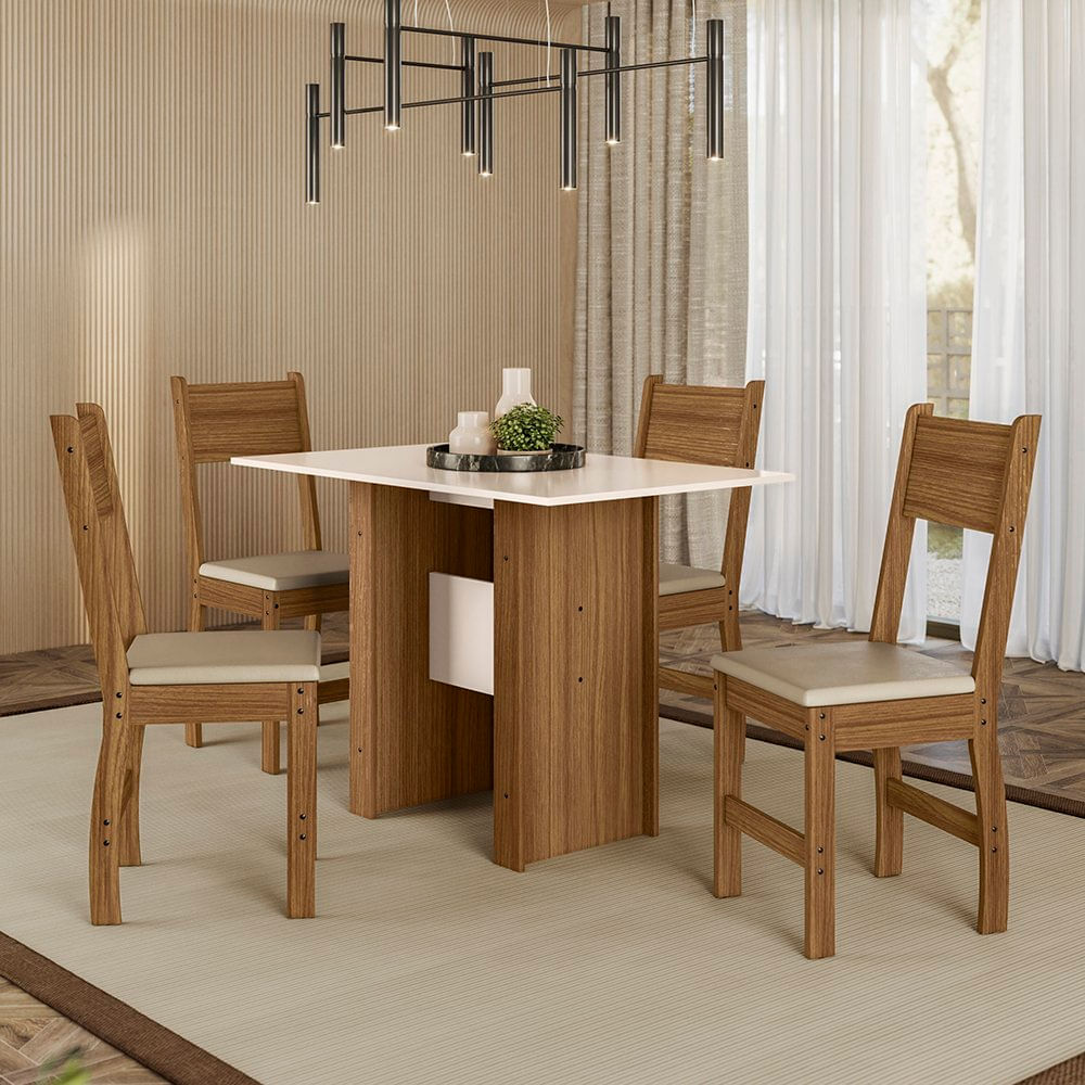 Conjunto Sala De Jantar Retangular Mesa Milano 108cm Com 4 Cadeiras Carvalho/off White