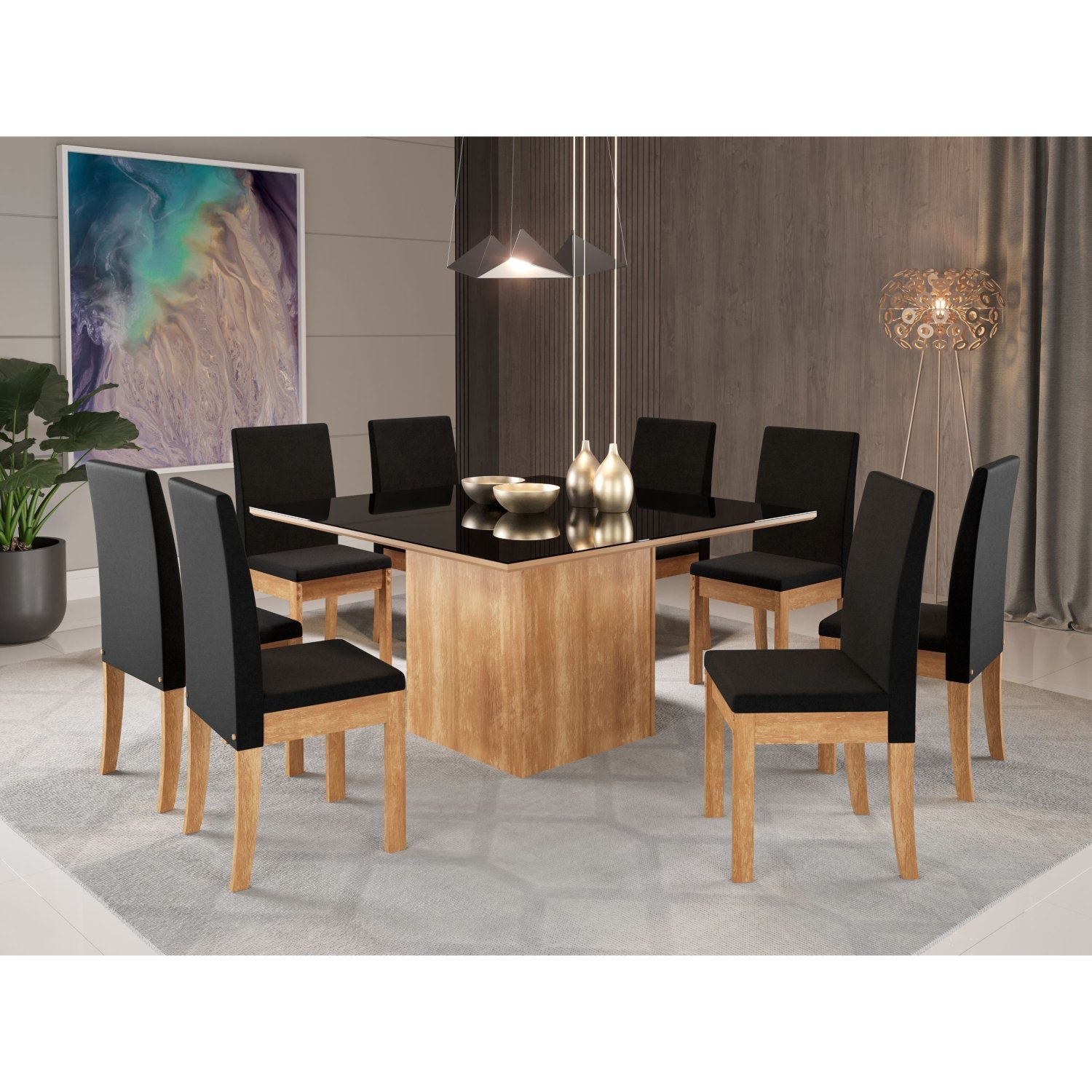 Conjunto Sala De Jantar Mesa Atena Tampo Vidro Com 8 Cadeiras Cristal Sonetto Móveis Mel/preto