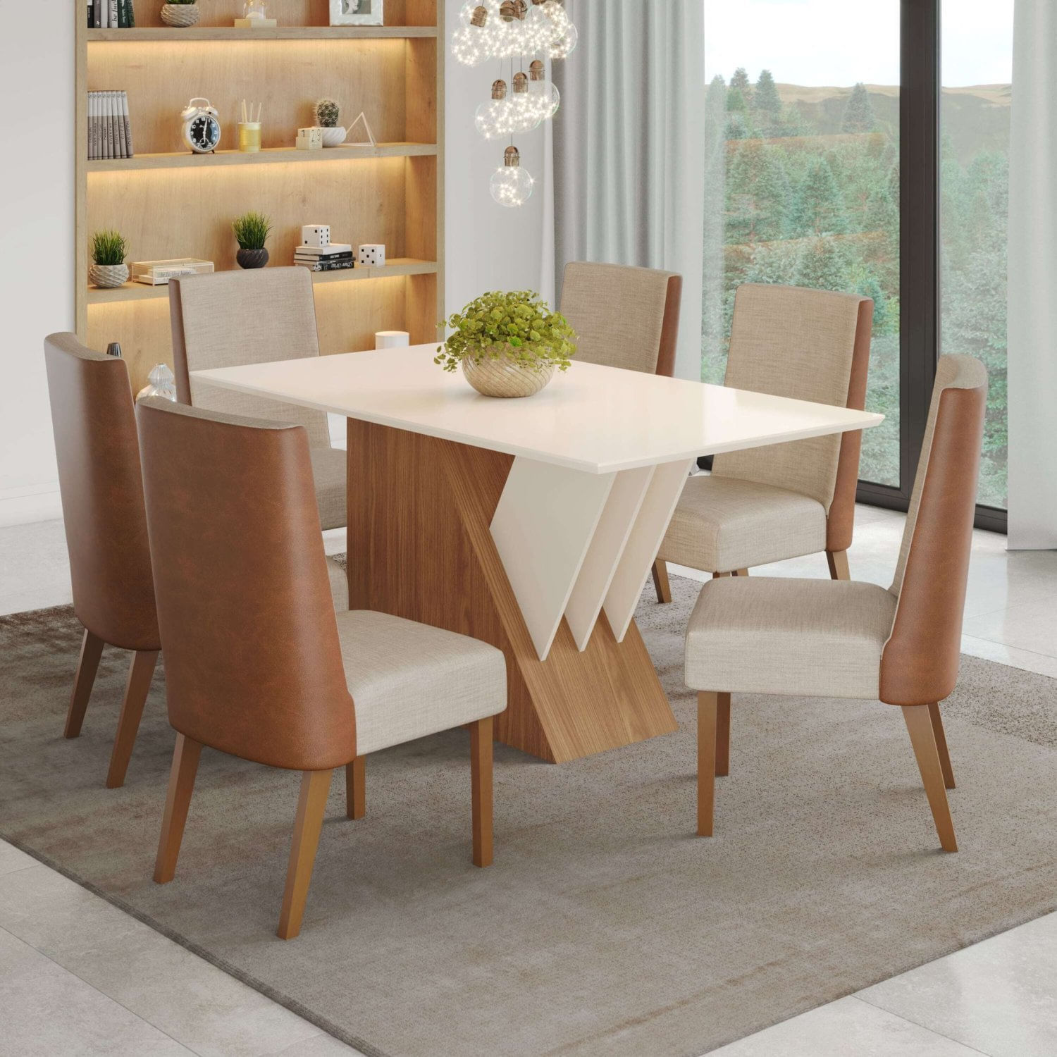 Conjunto Sala De Jantar Mesa Tampo Mdf 6 Cadeiras Tainá Espresso Móveis Nature/off White/ Caramelo