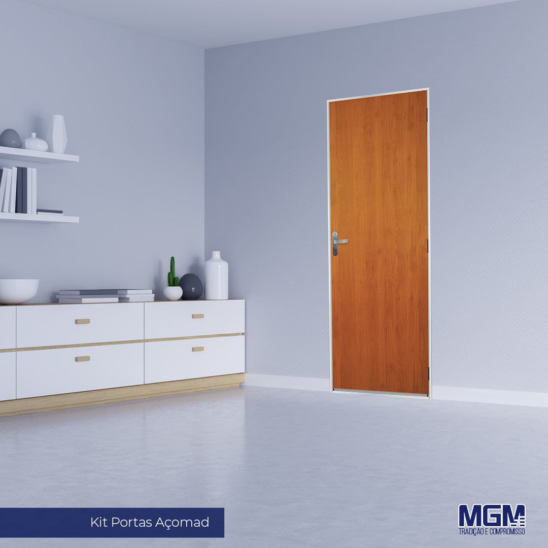 Kit Porta de Madeira Lisa 215x65cm com Batente de Aço 06cm Açomad MGM Mogno