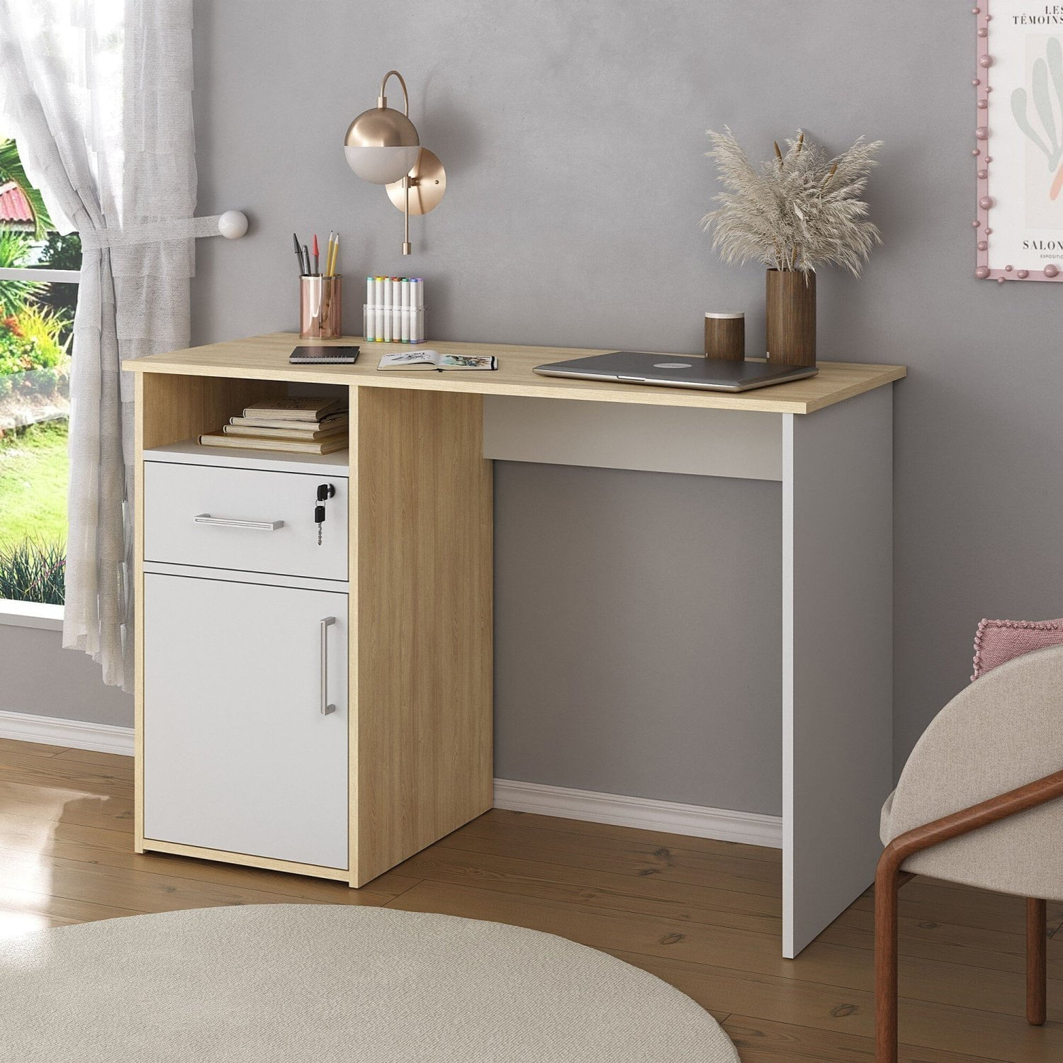 Escrivaninha Compacta Para Home Office Com 1 Porta 1 Gaveta Com Chave E 1 Nicho Hall Carvalho/branco