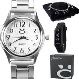 Relogio Feminino Aço Inox Prata + Caixa + Pulseira Presente