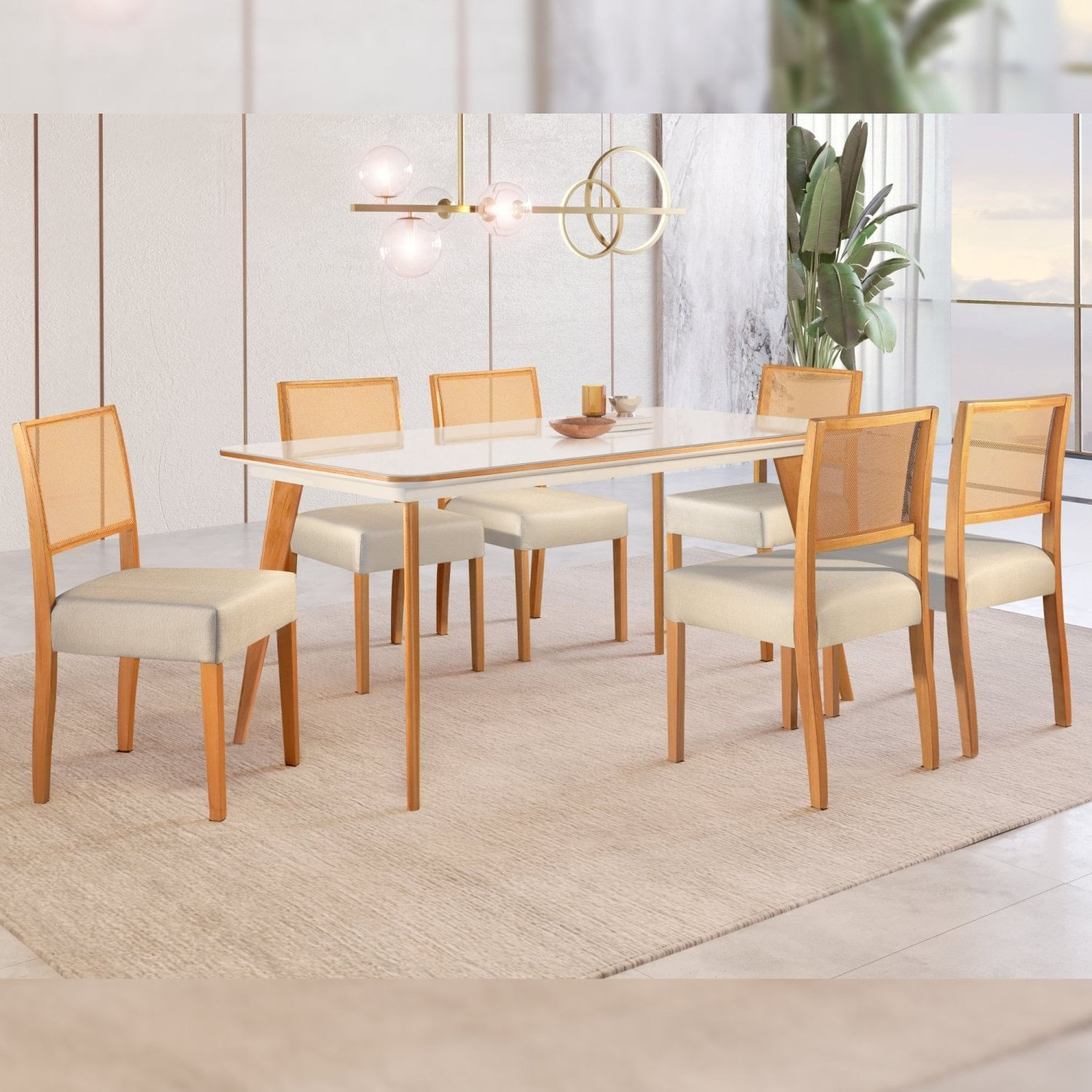 Conjunto Sala De Jantar Mesa Mad 160cm Com 6 Cadeiras Versales estrutura Em Madeira Maciça E Tampo Mdf/vidro Cinamomo/off White/tela