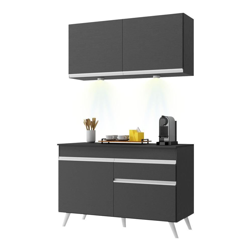 Armário De Cozinha Compacta 120cm Com Leds Veneza Up Multimóveis V2012 Preto/branco Preto/branco