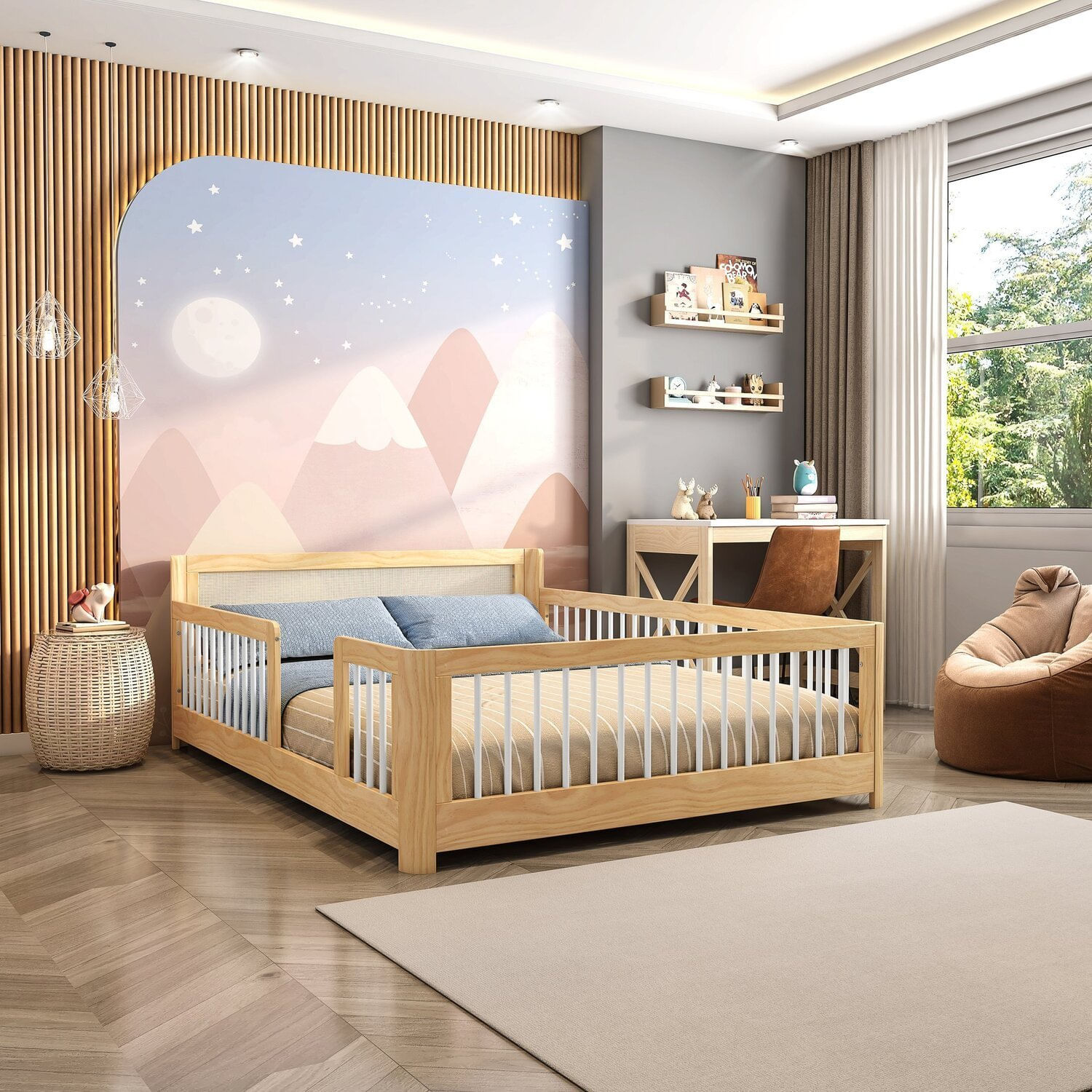 Cama Infantil Casal Montessoriano Wave Com Rattan Casatema Branco/natural