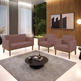 Conjunto 2 Poltronas E 1 Namoradeira Decorativa Pés Fixo Em Madeira Castanho Veludo Rose