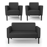 Conjunto 2 Poltronas E 1 Namoradeira Decorativa Pés Fixo Em Madeira Preto Pu Preto