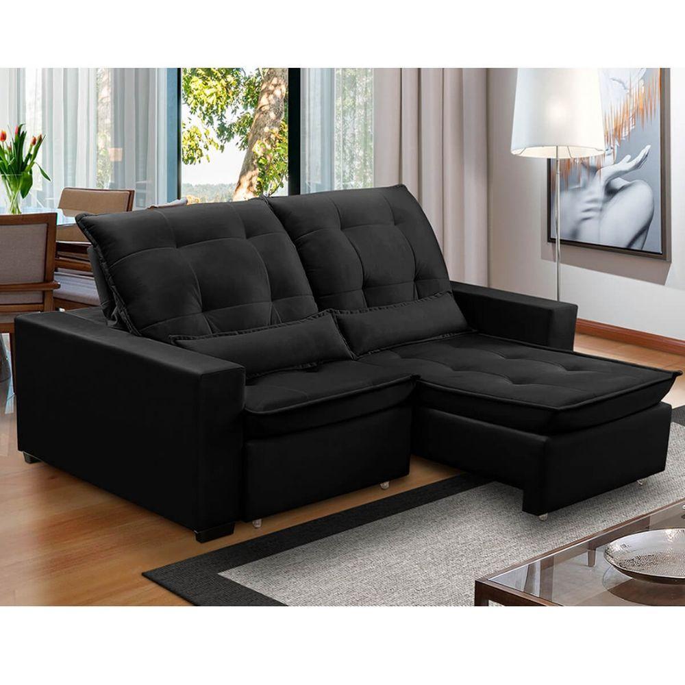 Sofa Retratil Reclinavel 2 Lugares 2,10m Atlantis Veludo Preto Lansofbr