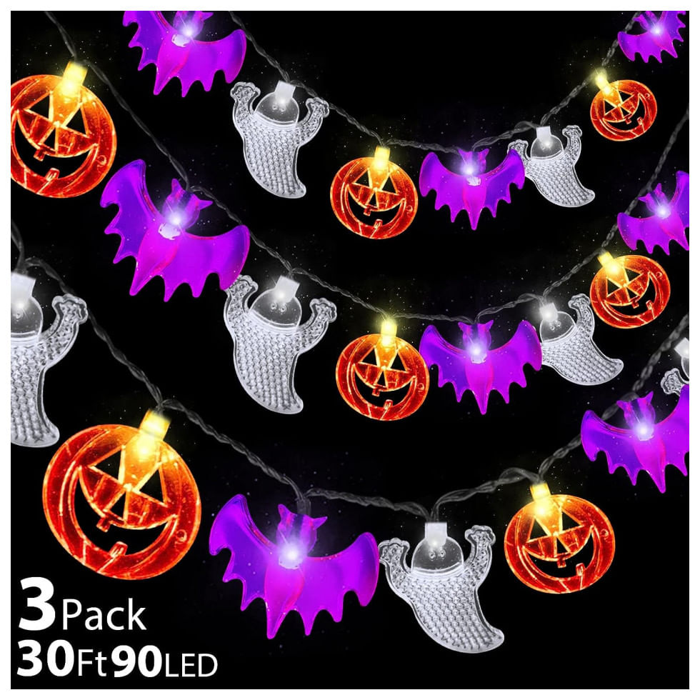 Kit De Luzes Para Decoração De Halloween 30 Led 6 Metros, 3 Unidades, Abóboras E Morcegos