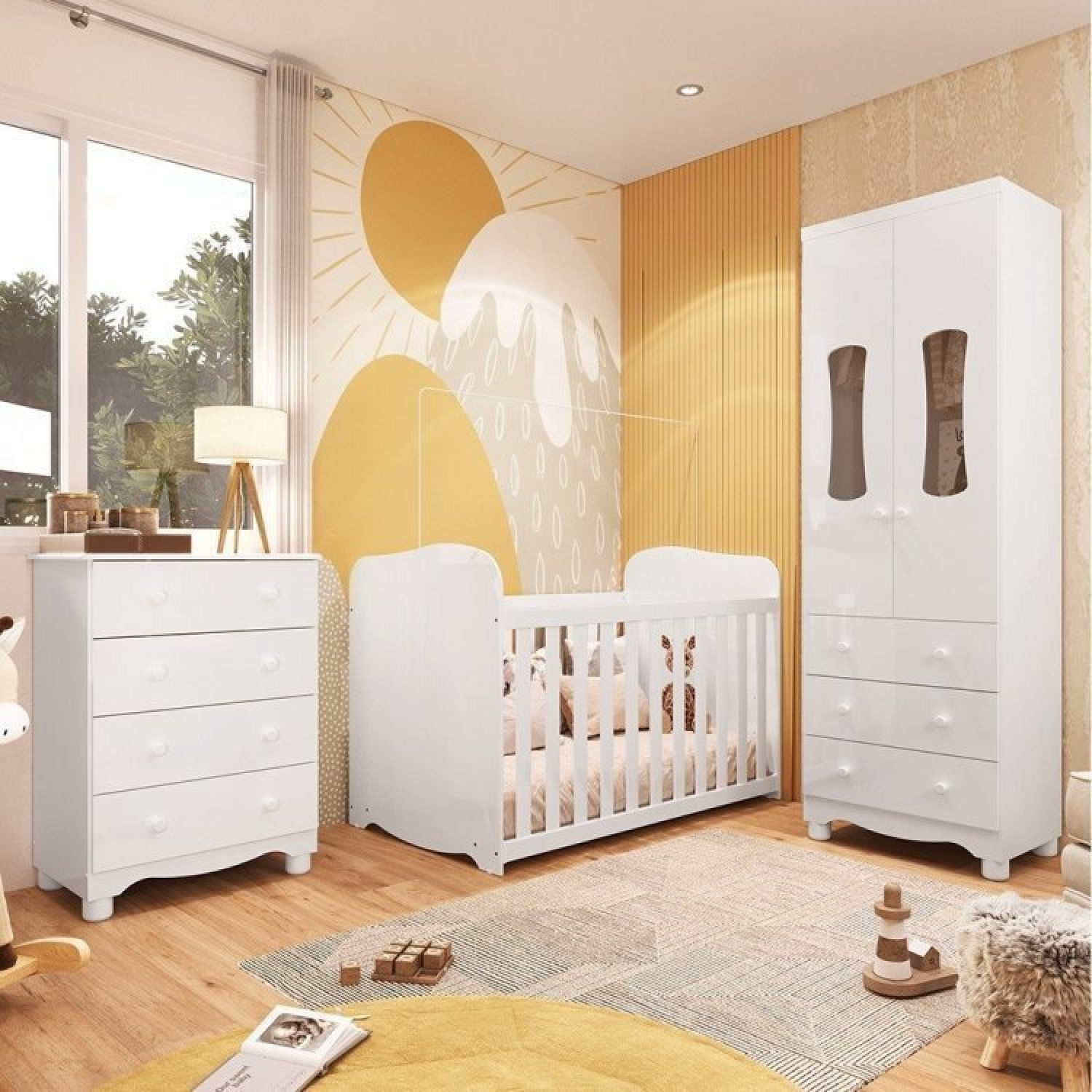 Quarto De Bebê Completo Guarda Roupa 2 Portas Janeladas E Cômoda 7 Gavetas E Berço 100% Mdf Lana Branco Brilho