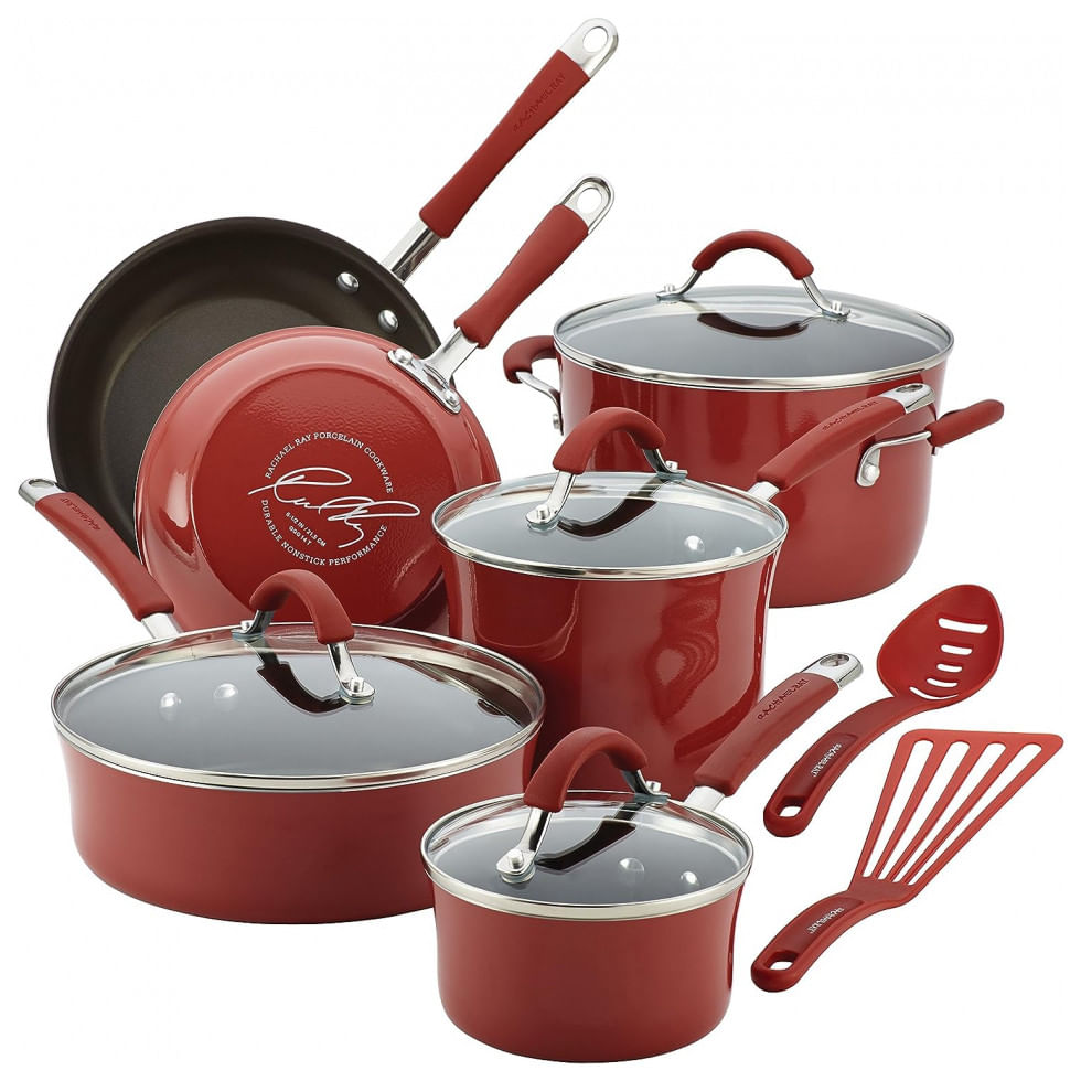 Conjunto De Panelas E Frigideiras Antiaderentes Em Aluminio Com Utensilios, 12 Pecas, Rachael Ray, Vermelho Escuro