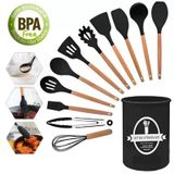 Kit Utensílios Silicone Cozinha 12 Peças Cabo Madeira +