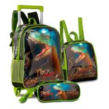 Kit Mochila Rodinhas Infantil Masculina Escolar Dinossauro