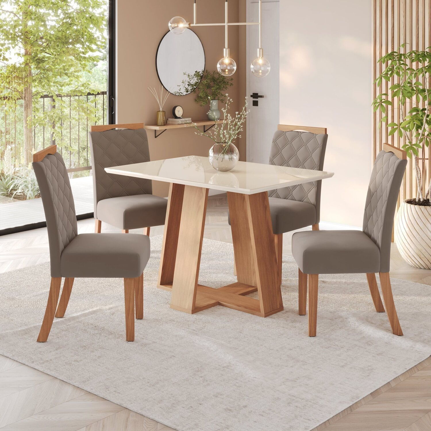 Sala De Jantar Hebe Mesa 120 Cm Canto Reto Com Vidro 4 Cadeiras Espresso Móveis Nature/off White/marrom Amêndoa