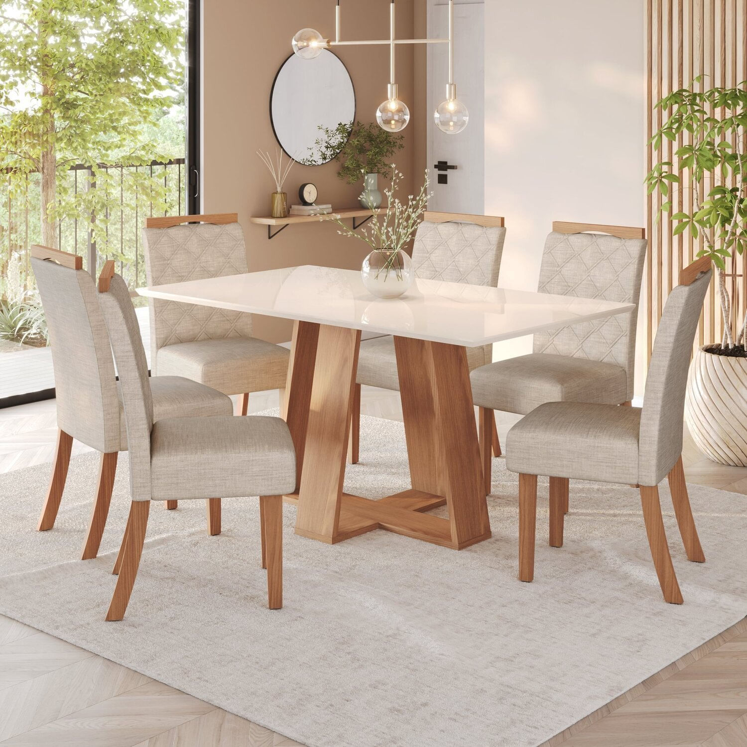 Sala De Jantar Hebe Mesa 160 Cm Canto Reto 6 Cadeiras Espresso Móveis Nature/off White/linho