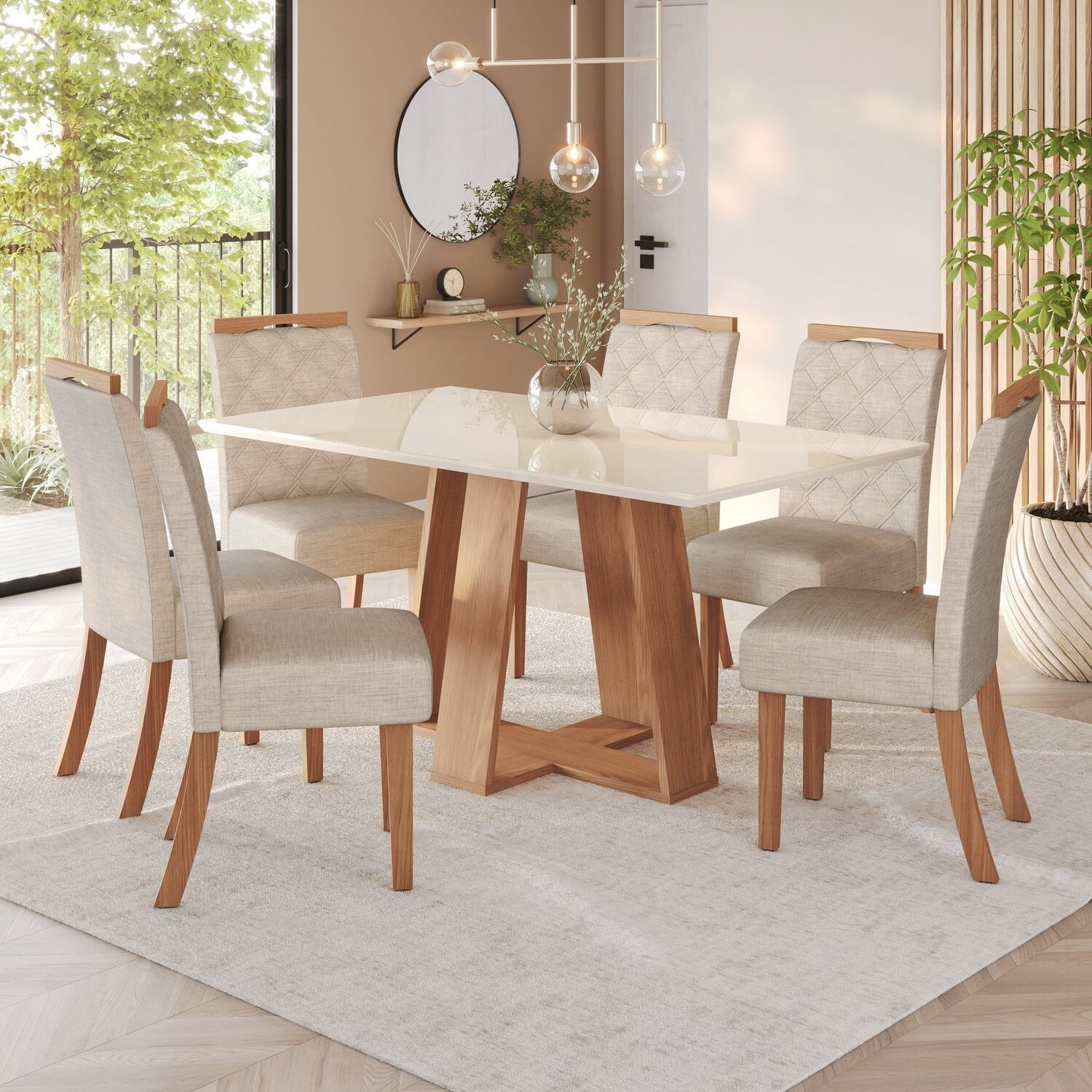 Sala De Jantar Hebe Mesa 160 Cm Canto Reto Com Vidro 6 Cadeiras Espresso Móveis Nature/off White/linho