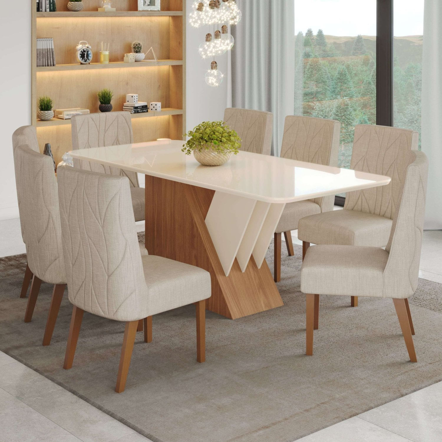 Conjunto Sala De Jantar Mesa Tampo Mdf E Vidro 8 Cadeiras Jéssica Espresso Móveis Nature/off White