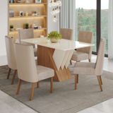 Conjunto Sala De Jantar Mesa Tampo Mdf E Vidro Canto Reto 6 Cadeiras Tainá Espresso Móveis Nature/off White/ Bege/creme