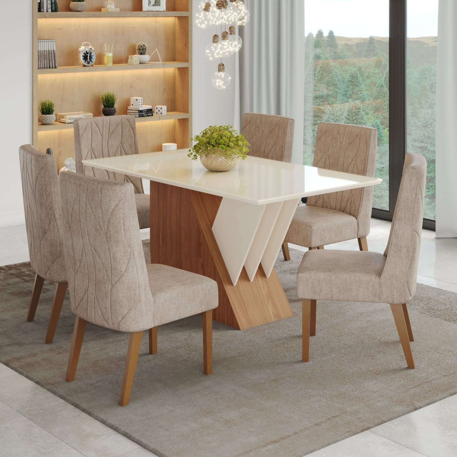 Conjunto Sala De Jantar Mesa Tampo Mdf E Vidro 6 Cadeiras Jéssica Espresso Móveis Nature/off White/creme