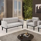 Conjunto Poltrona E Namoradeira Decorativa Pés Fixo Em Madeira Preto Veludo Cinza