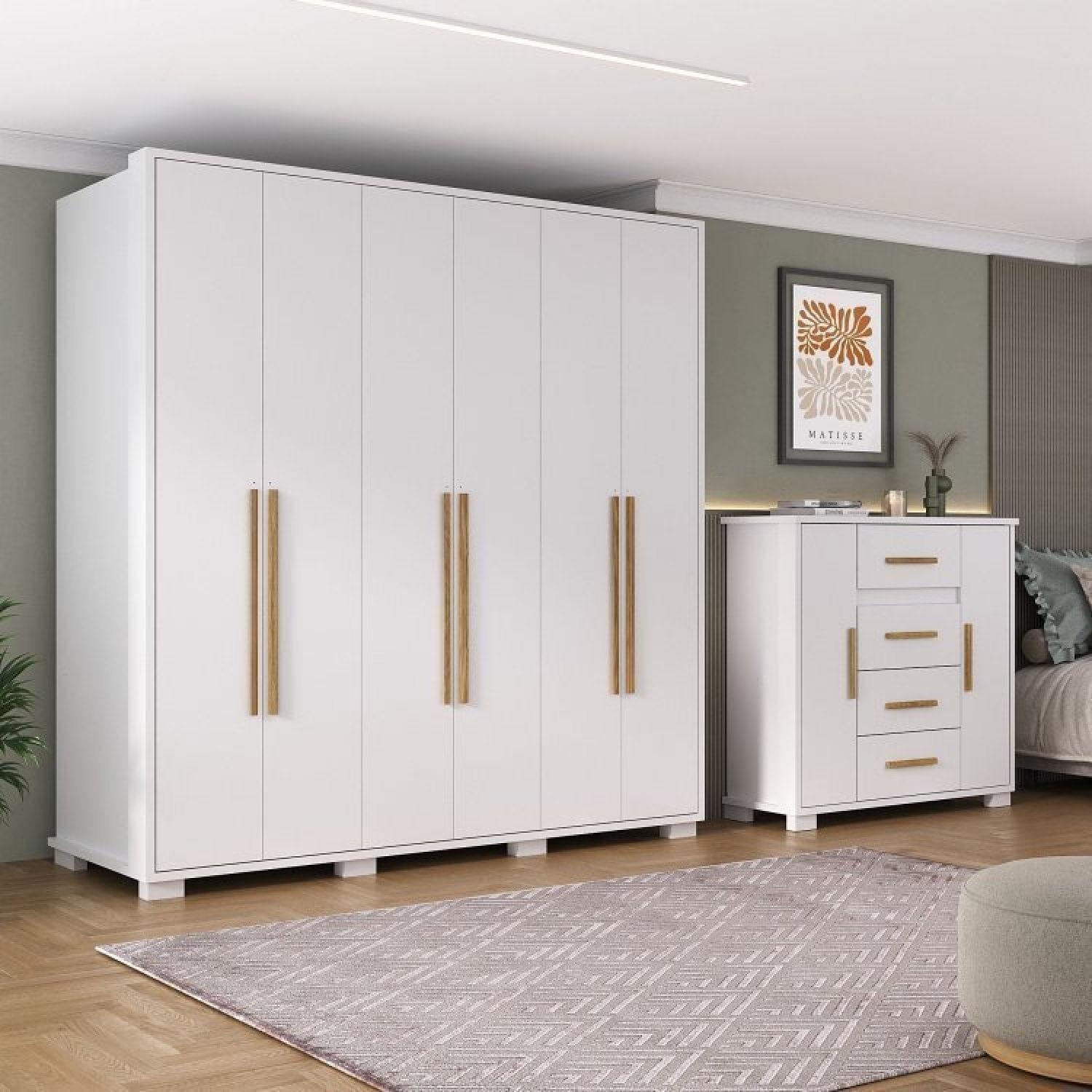 Quarto De Casal Completo Guarda Roupa 6 Portas 3 Gavetas Com Cômoda Branco