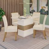 Conjunto Sala De Jantar Tampo Mdf Com Vidro Canto Arredondado 120 Cm 4 Cadeiras Melinda Nature Com Off White E Linho