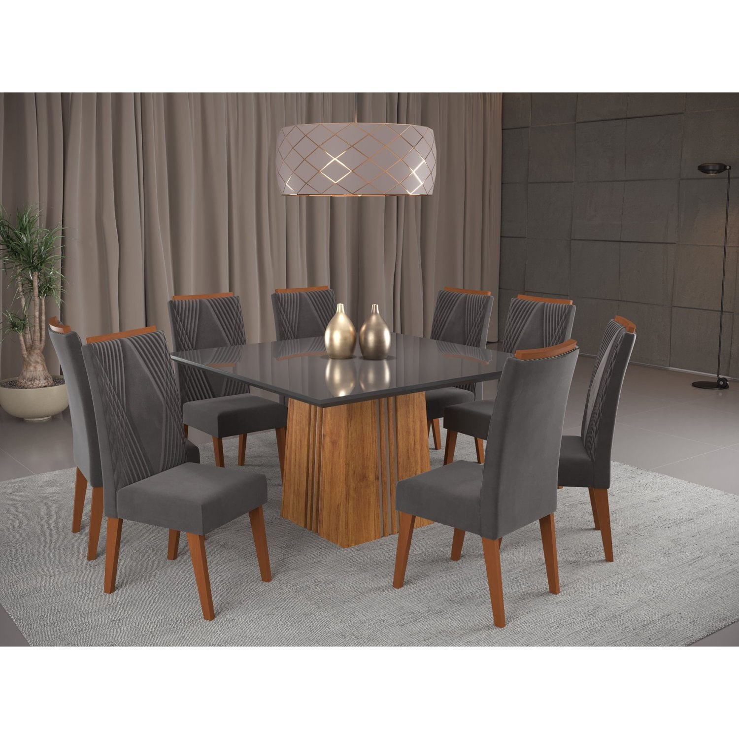 Mesa De Jantar Quadrada Monza Com 8 Cadeiras Madeira Maciça Vegas Mel/grafite