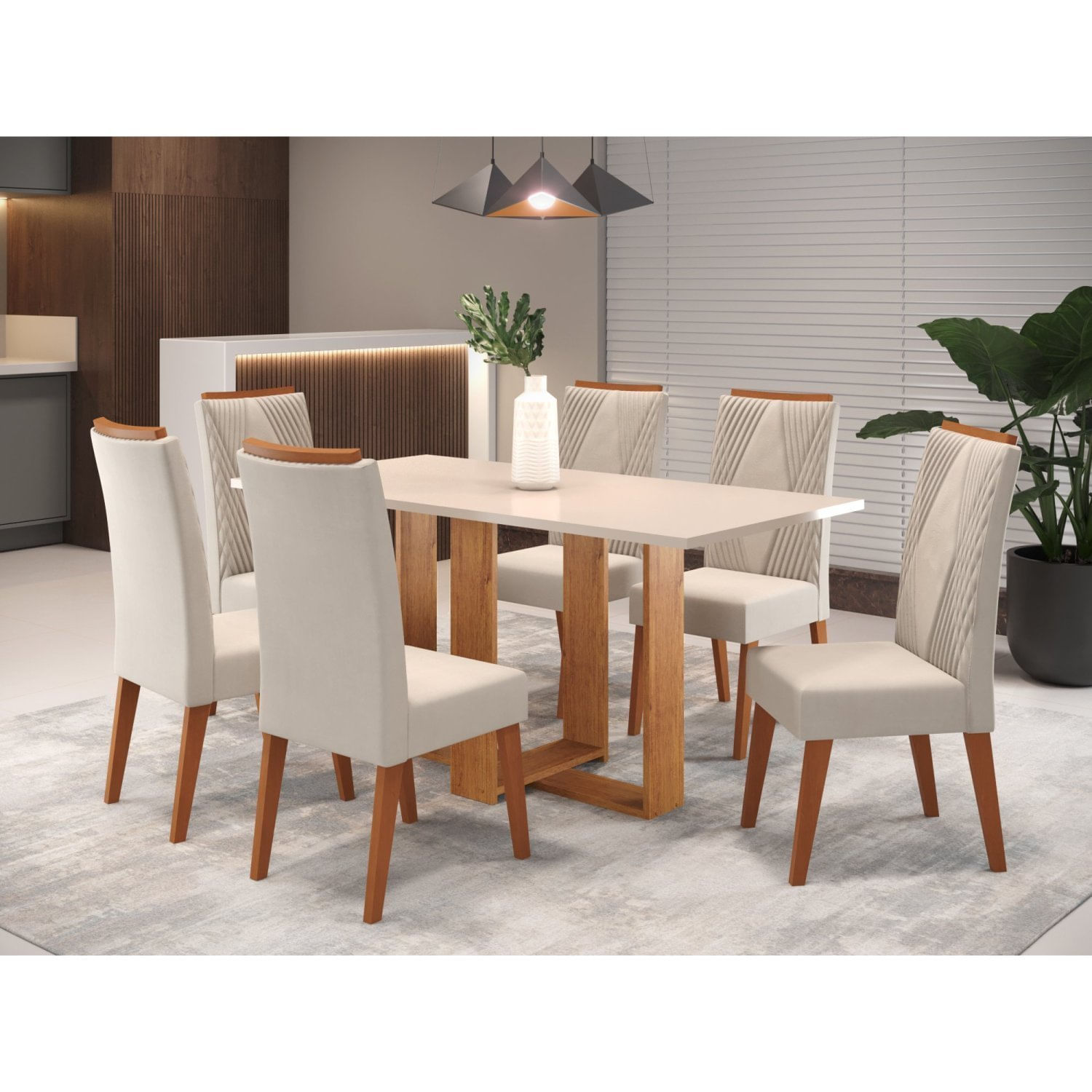 Mesa De Jantar Retangular Kavic Com 6 Cadeiras Madeira Maciça Vegas  Mel/blonde/marfim