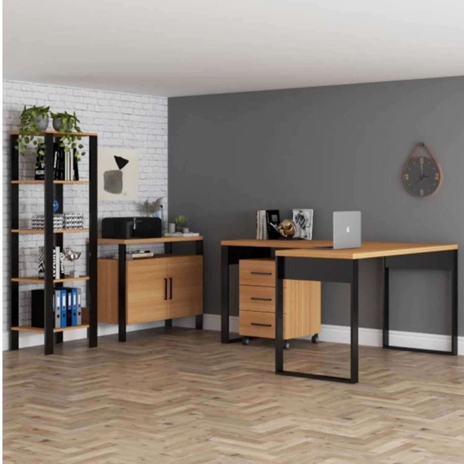 Conjunto Home Office 4 Peças 100% Mdf Mesa Em L , Gaveteiro, Armário E Estante Pradel Móveis