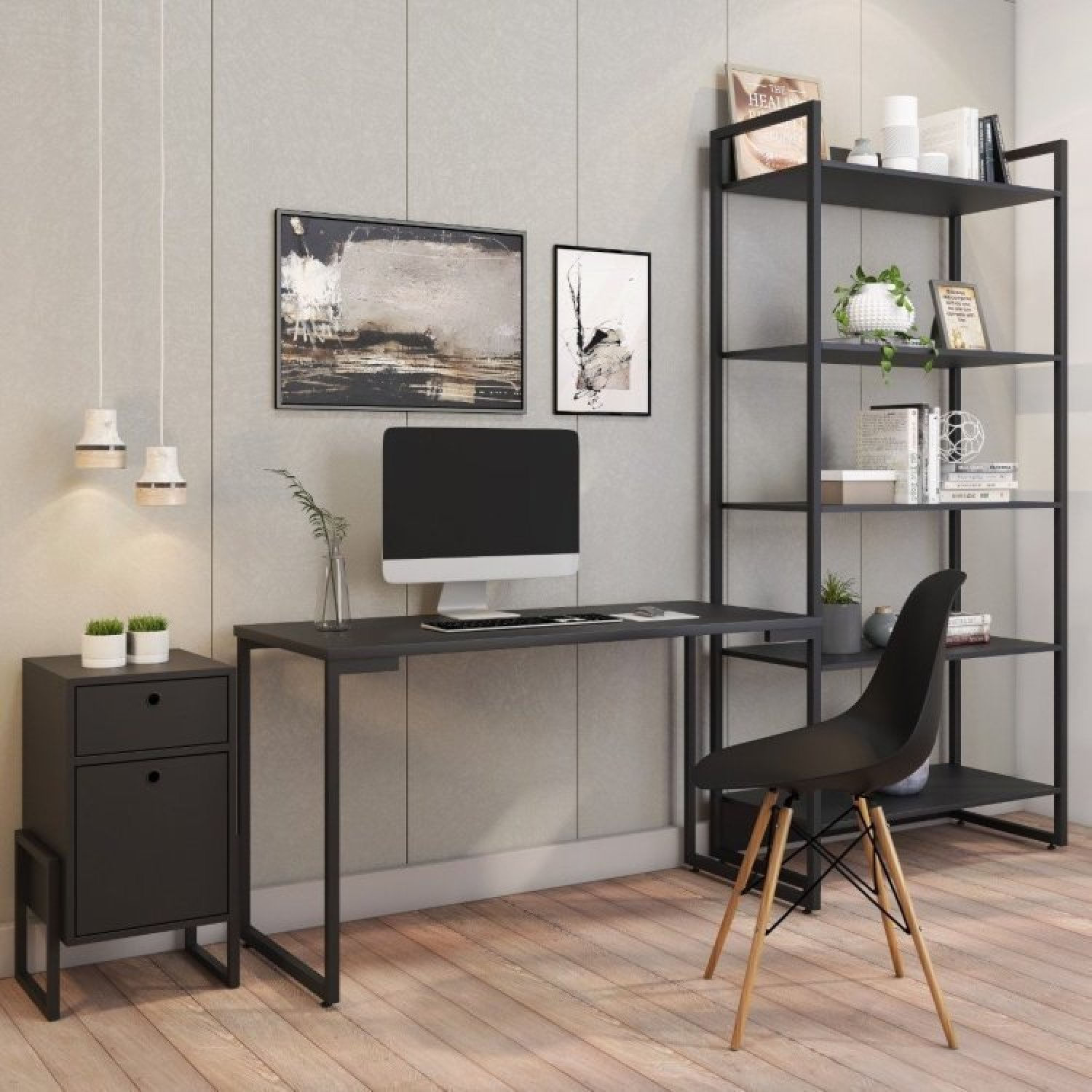 Conjunto Home Office 3 Peças 1 Escrivaninha 120cm 1 Estante Porto 1 Mesa De Cabeceira Wolli Espresso Móveis Preto