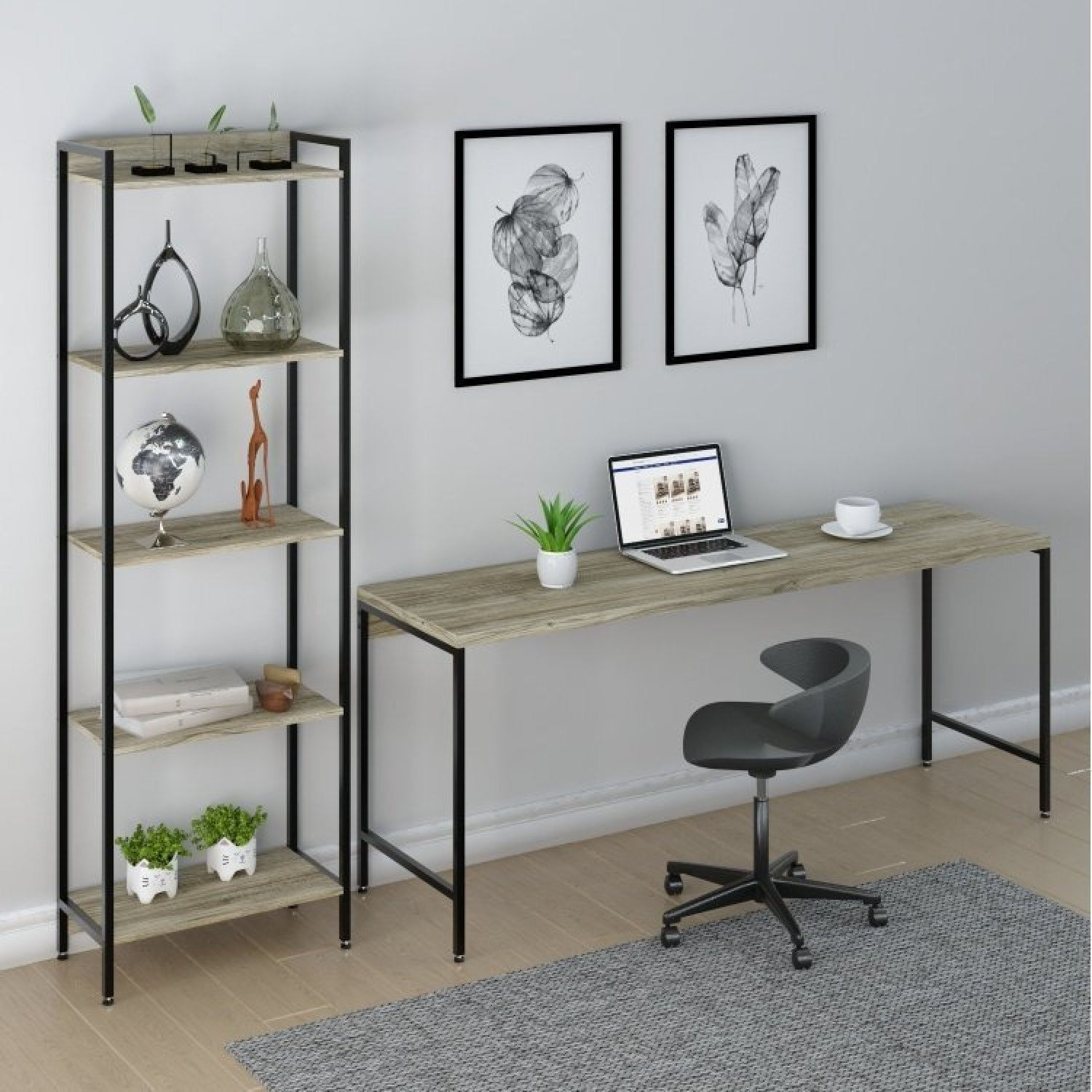 Conjunto Home Office 2 Peças Mesa Diretor Industrial 180cm E Estante 5 Prateleiras Compace Carvalho