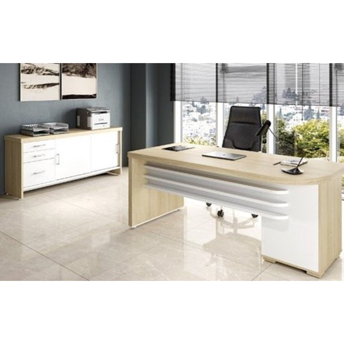 Conjunto Home Office 2 Peças 1 Mesa 180cm Tamburato 4 Gavetas Com Balcão 2 Portas 3 Gavetas Artany Carvalho/branco