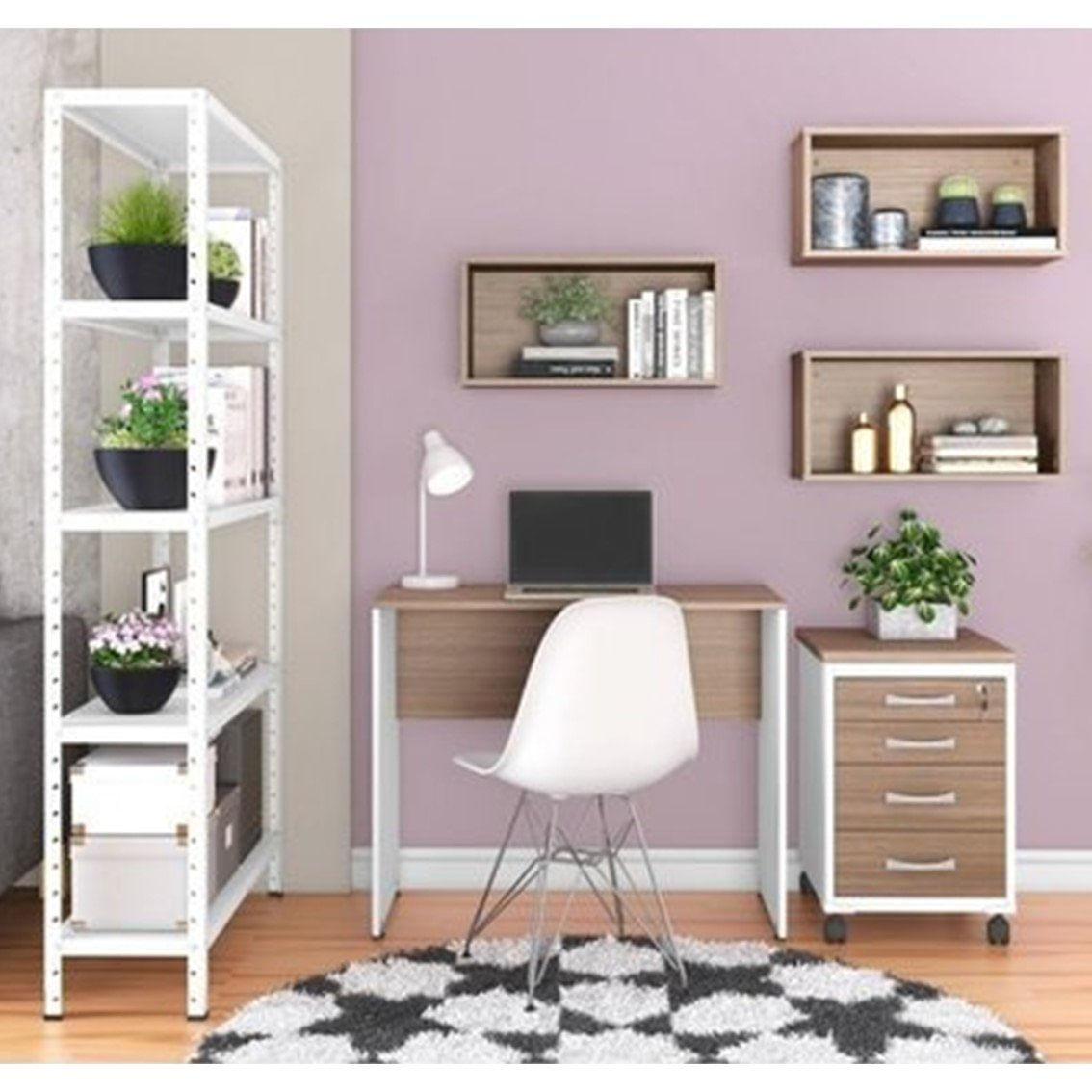 Conjunto Home Office 6 Peças Mesa Office Gaveteiro Estante E Nichos Noce Naturalle/branco