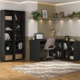 Conjunto Para Escritório E Home Office Com Mesa Em L Com Nichos E Estante Com Nichos Preto