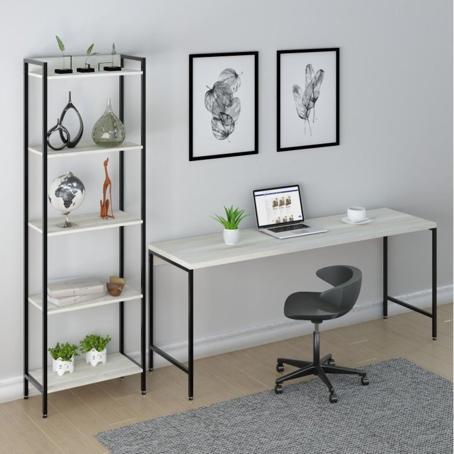 Conjunto Home Office 2 Peças Mesa Diretor Industrial 180cm E Estante 5 Prateleiras Compace Snow