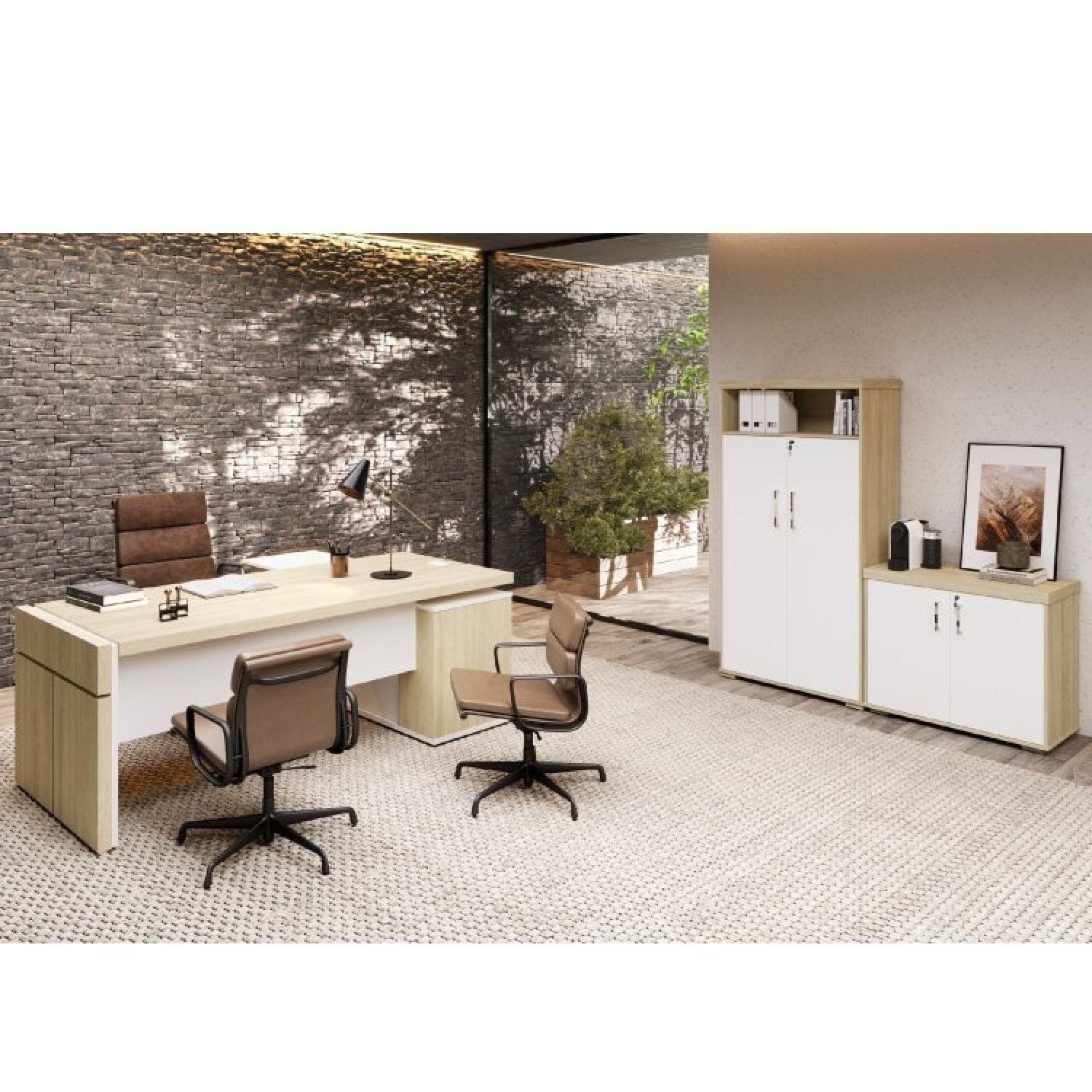 Conjunto Home Office 3 Peças 1 Mesa Em L Tamburato 1 Armário Alto 1 Balcão Baixo Artany Carvalho/branco