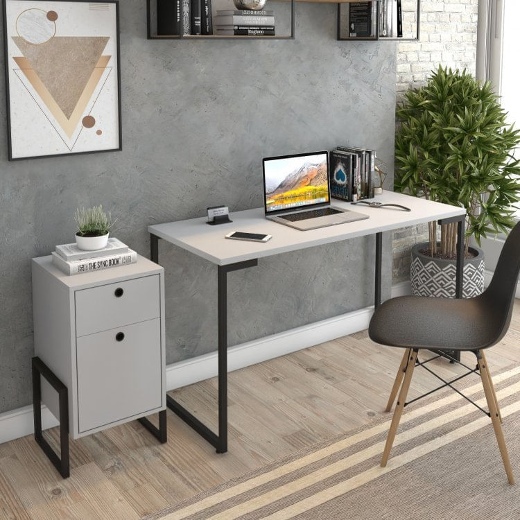 Conjunto Home Office Industrial 2 Peças 1 Escrivaninha Porto e 1 Gaveteiro 2 Gavetas Móveis Belo Branco/Preto