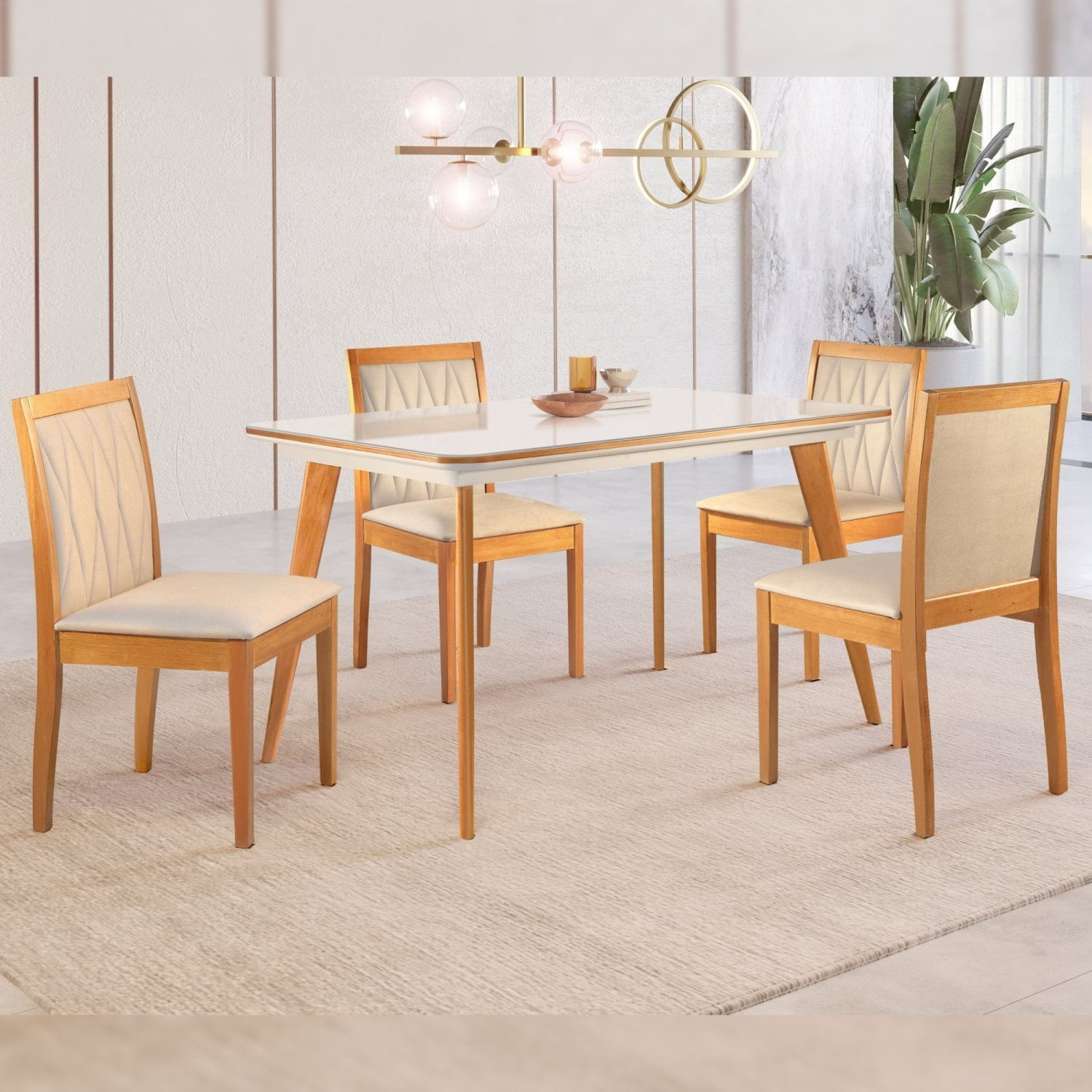 Conjunto Sala De Jantar Mesa Mad 135cm Com 4 Cadeiras Hydra estrutura Em Madeira Maciça E Tampo Mdf/vidro Cinamomo/off White/terra