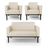 Conjunto 2 Poltronas E 1 Namoradeira Decorativa Pés Fixo Em Madeira Preto Pu Bege