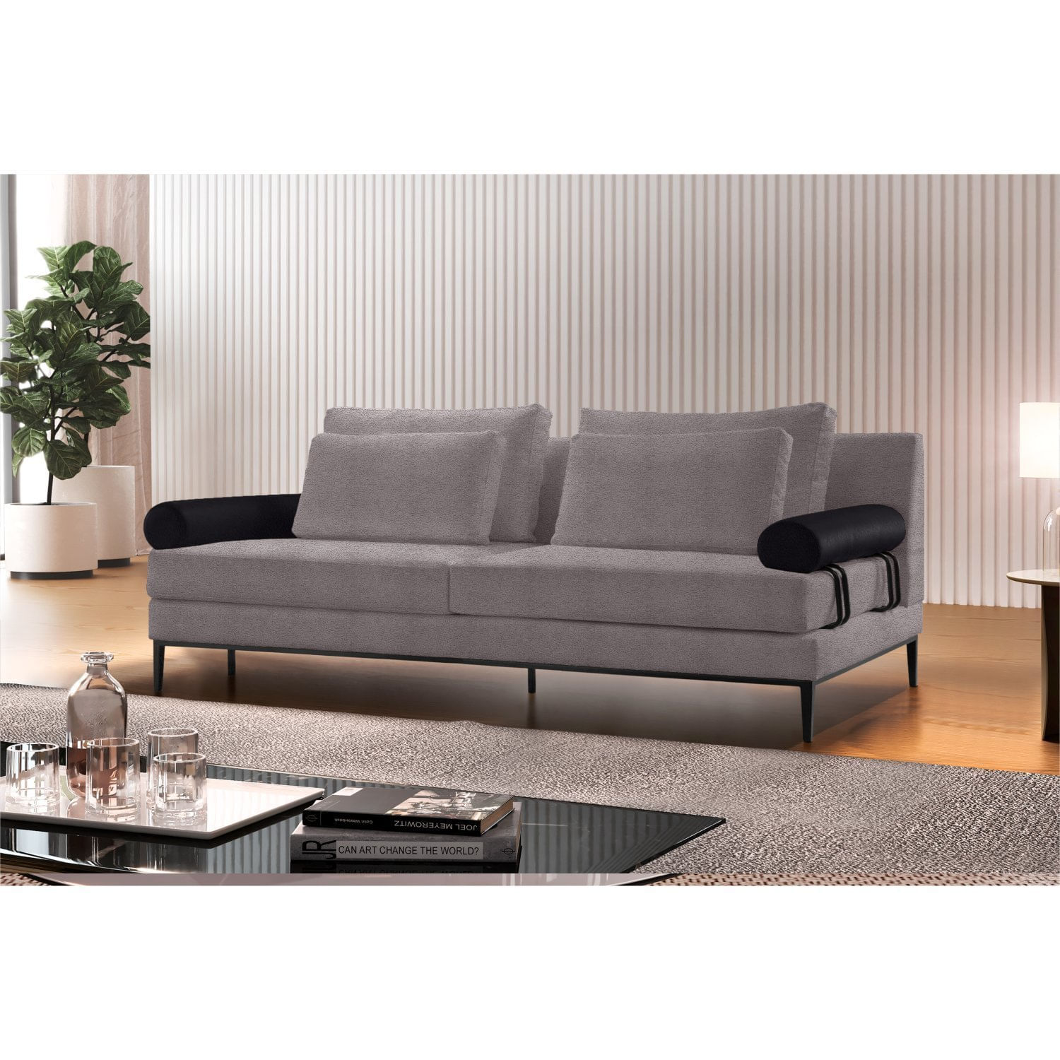 Sofá 3 Lugares Living Goya Tecido Boucle Italiano Cru 180 Cm Braço Couro Híbrido Espresso Móveis Cinza