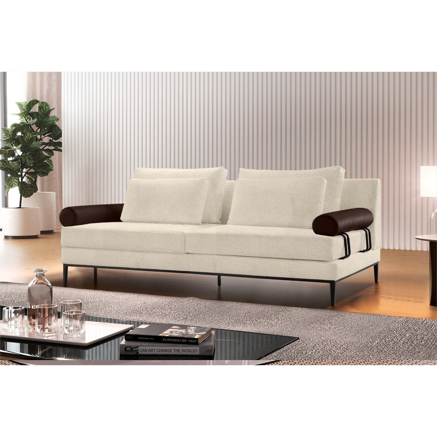 Sofa 3 Lugares Living Goya Tecido Boucle Italiano Marfim 160 Cm Braço Couro Híbrido Espresso Móveis Bege Marfim