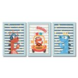 Kit Quadros Infantil Dinossauro Kids 20x30 3 Peças Titulos Moldura Azul