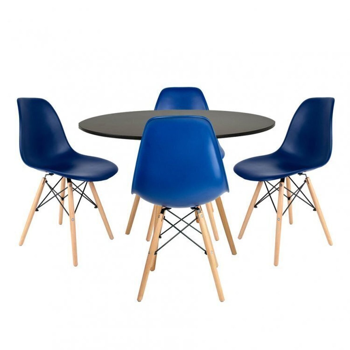 Conjunto Mesa Redonda 90cm Tampo Em Mdf 4 Cadeiras Pp Base Madeira Eames Dsw-m Preto/azul Bic