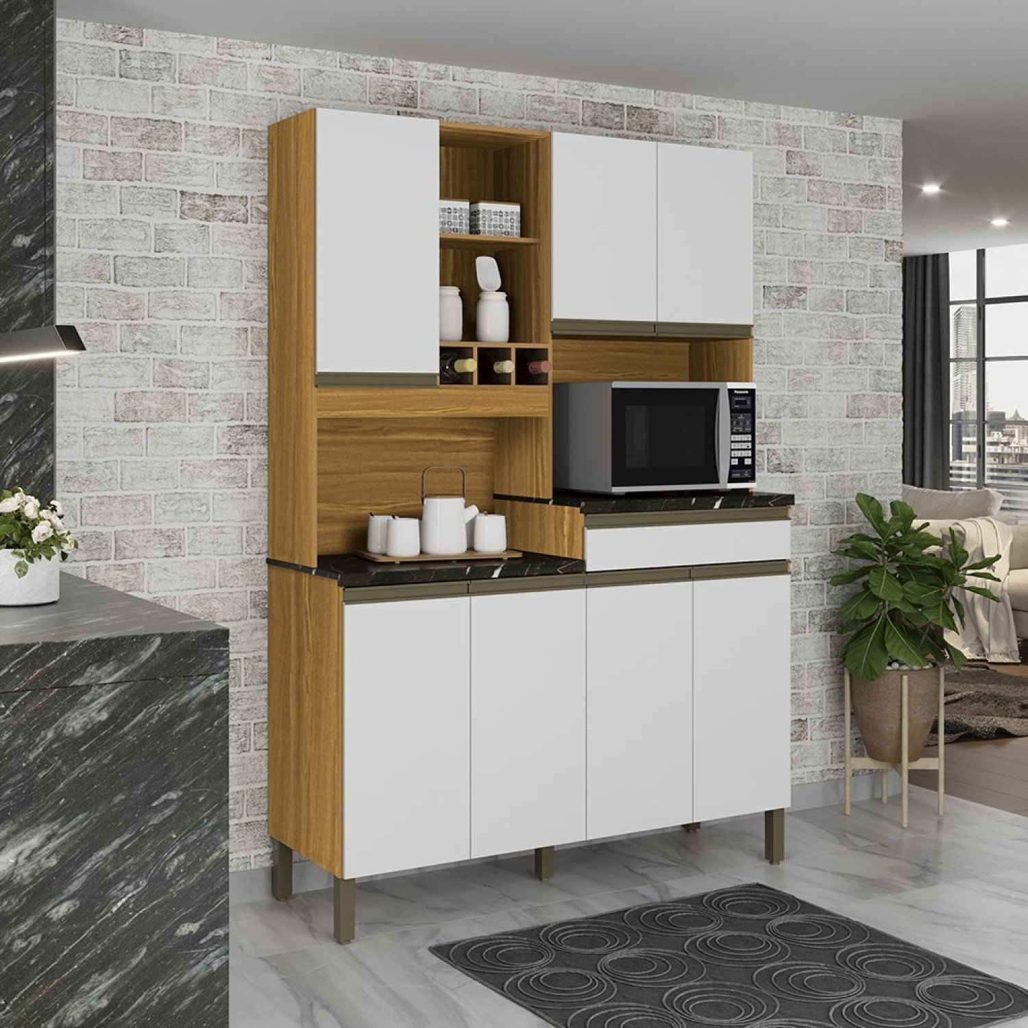 Cozinha Compacta Com 7 Portas 1 Gaveta E Espaço Para Micro-ondas 100% Mdf Grécia Perfil Espresso Móv Amêndoa/branco