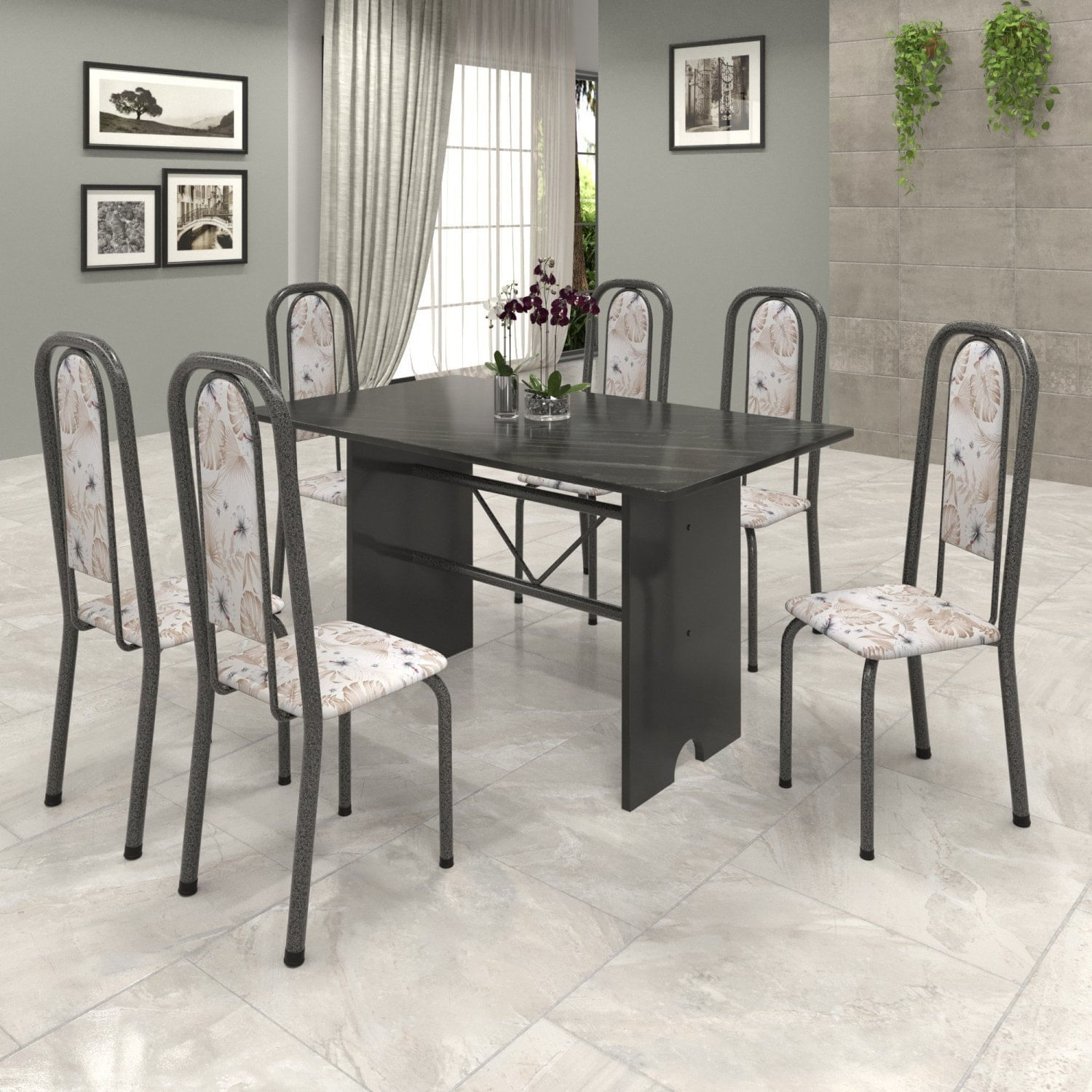 Conjunto De Mesa 140x75cm Tampo Ardósia Com 6 Cadeiras Lavínea  Martelado Prata/botanic Bege