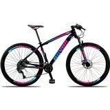Bicicleta Bike Aro 29 Alumínio 21 Velocidades Shimano Suspensão Freio a Disco Cor: Azul e Rosa Tam: 17